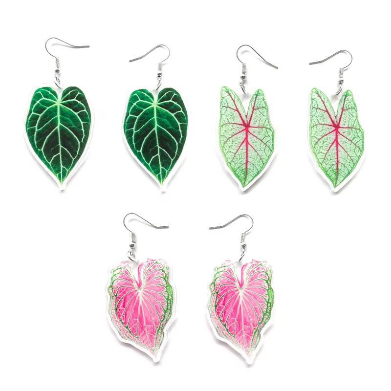 Wholesale Creative exaggerated acrylic heart green pink leaf turtle leaf earrings